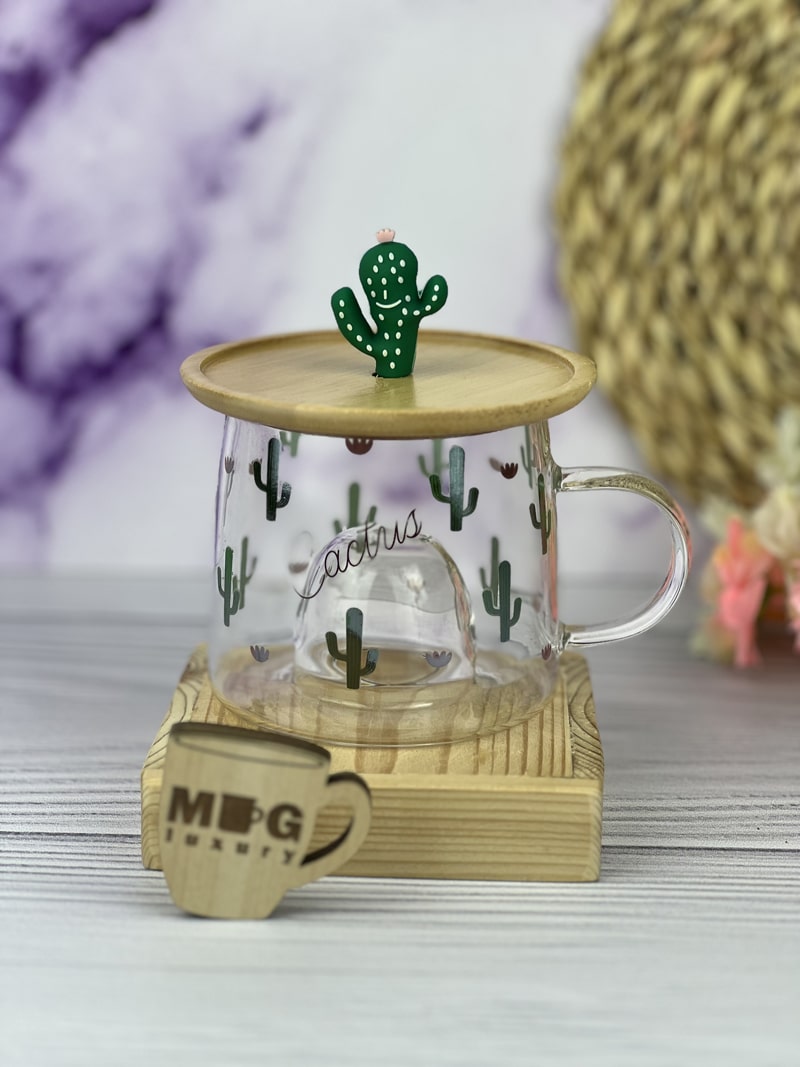 لیوان شیشه ای کاکتوس بامبوم با درب بامبو مدل آگیتا کد B1164